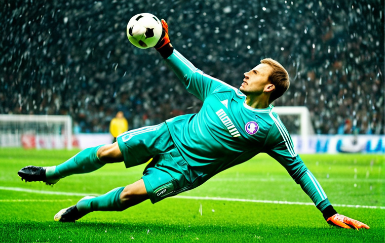 Reliable Goalkeeper**

"A strong, tall Russian goalkeeper in a classic green and white Dynamo Moscow jersey, making a diving save in a rainy stadium, focused expression, intense action, realistic football match atmosphere, perfect anatomy, well-formed hands, appropriate content, fully clothed, professional soccer attire, safe for work, family-friendly."

**