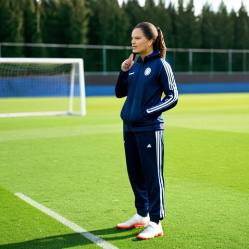 Home 10 **Prompt:** A professional female soccer coach in a modest tracksuit, standing on a soccer field, giving instructions to her team. Bright daylight, green grass, safe for work, appropriate content, fully clothed, professional, perfect anatomy, correct proportions, natural pose, well-formed hands, proper finger count, natural body proportions.